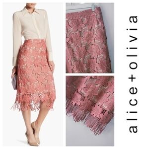 Alice + Olivia Strand Floral Lace Fringe Midi Skirt Pink Size 6